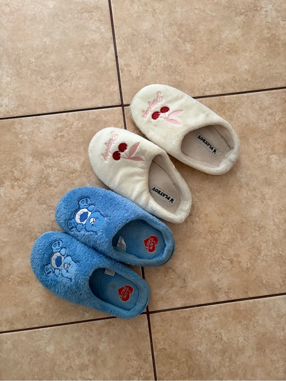 Cream White Cherry House Slippers & Blue Carebears House Slippers